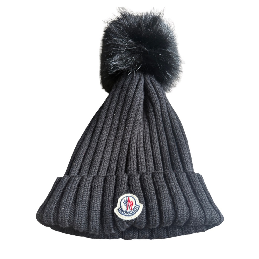 Moncler Charcoal Knit Beanie with Faux Fur Pom